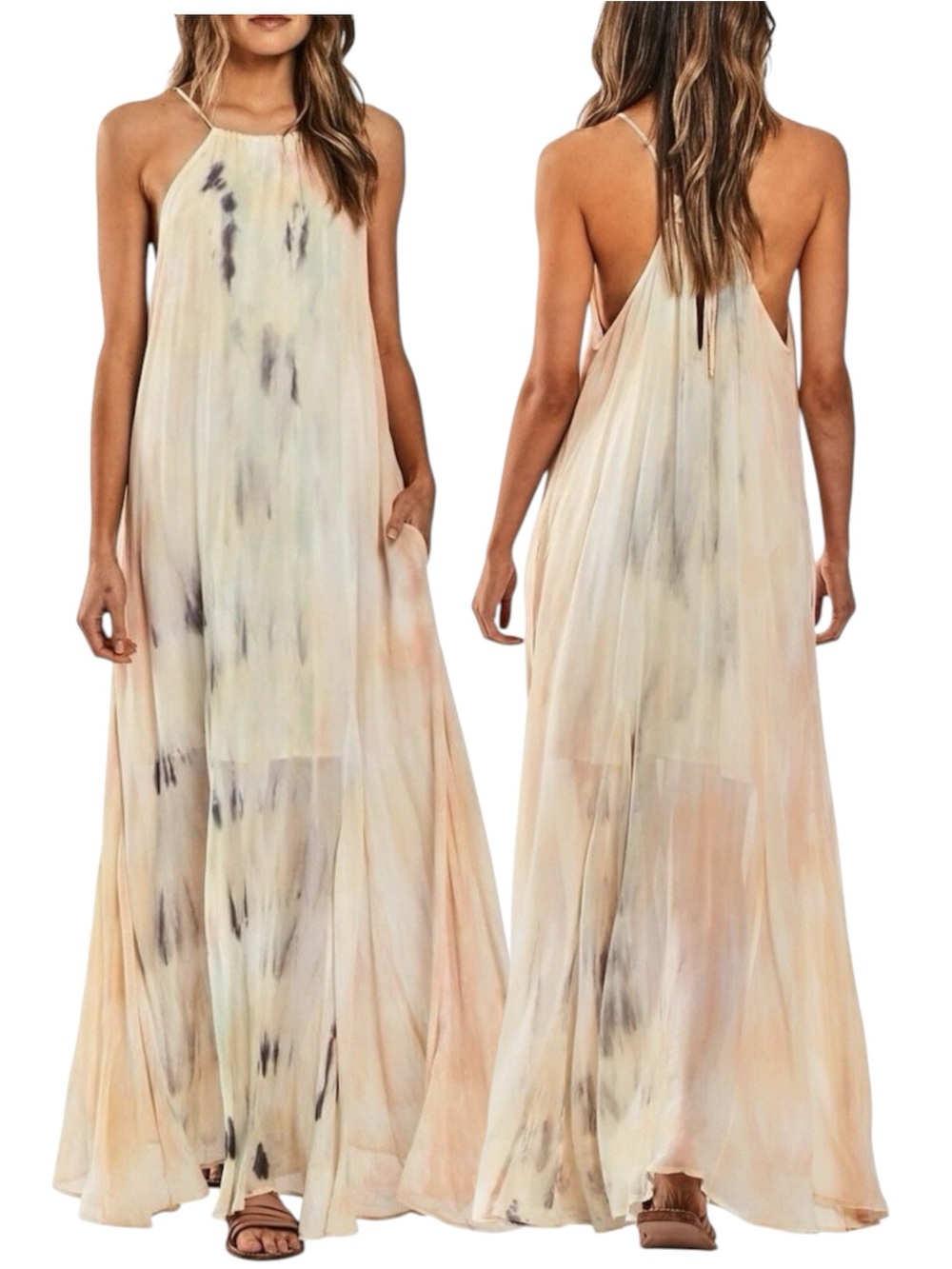 Young Fabulous & Broke Elie‎ Trapeze Viscose Tie Dye Halter Maxi Boho Dress Sz L